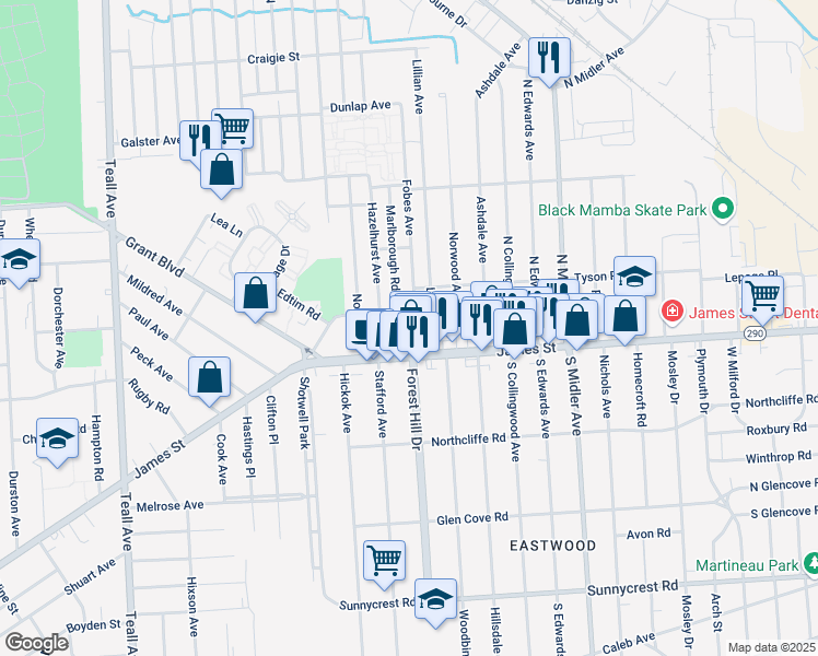 map of restaurants, bars, coffee shops, grocery stores, and more near 122 Marlborough Rd in Syracuse