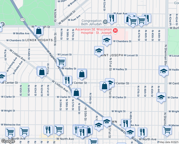 map of restaurants, bars, coffee shops, grocery stores, and more near 2763 North 54th Street in Milwaukee
