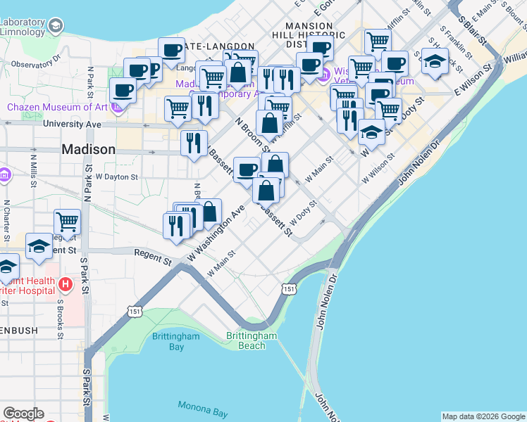 map of restaurants, bars, coffee shops, grocery stores, and more near 20 South Bassett Street in Madison