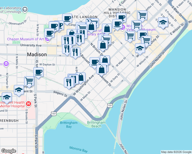 map of restaurants, bars, coffee shops, grocery stores, and more near 517 West Washington Avenue in Madison