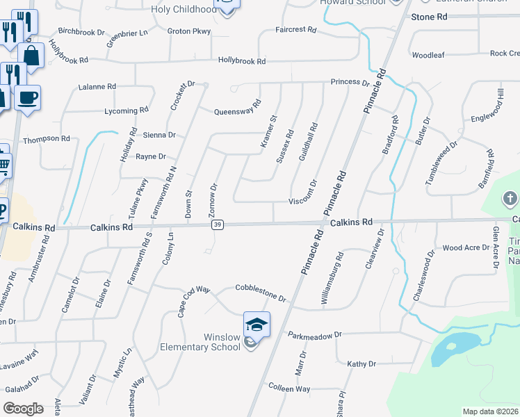 map of restaurants, bars, coffee shops, grocery stores, and more near 208 Viscount Drive in Rochester