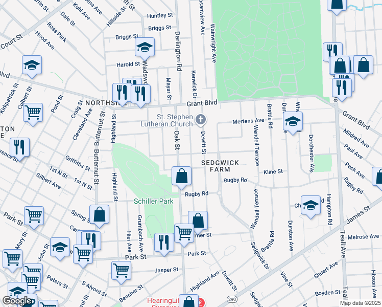 map of restaurants, bars, coffee shops, grocery stores, and more near 601 Helen St in Syracuse