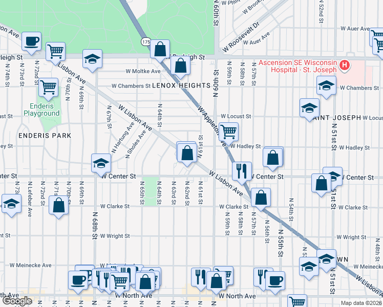 map of restaurants, bars, coffee shops, grocery stores, and more near 6200 West Lisbon Avenue in Milwaukee