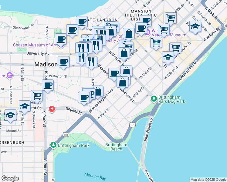 map of restaurants, bars, coffee shops, grocery stores, and more near 521 West Washington Avenue in Madison