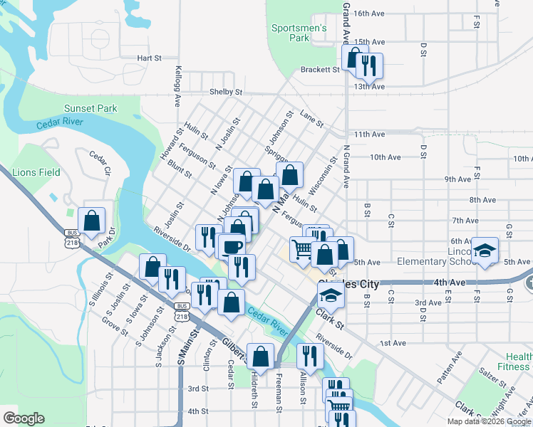 map of restaurants, bars, coffee shops, grocery stores, and more near 413 North Main Street in Charles City