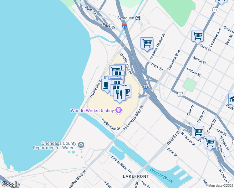 map of restaurants, bars, coffee shops, grocery stores, and more near 9090 Destiny USA Drive in Syracuse