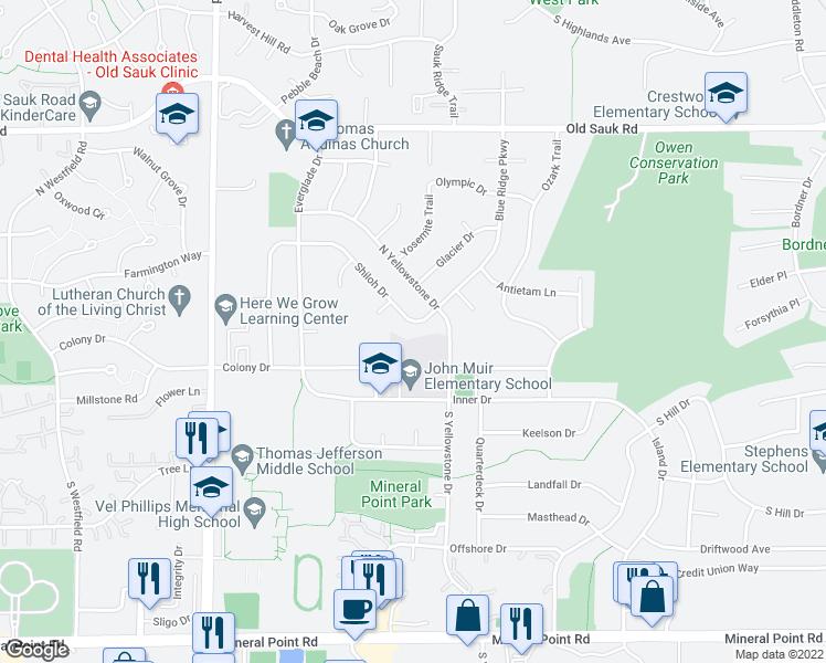 map of restaurants, bars, coffee shops, grocery stores, and more near 110 Shiloh Drive in Madison