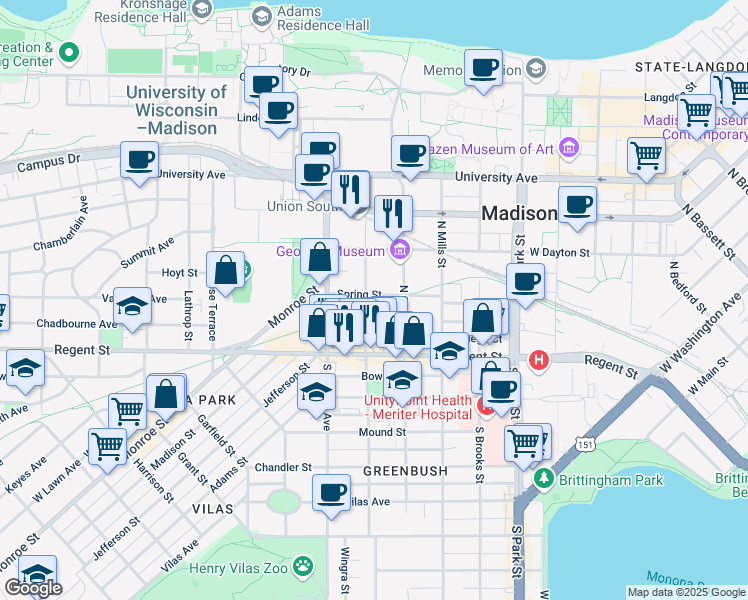 map of restaurants, bars, coffee shops, grocery stores, and more near 45 North Orchard Street in Madison