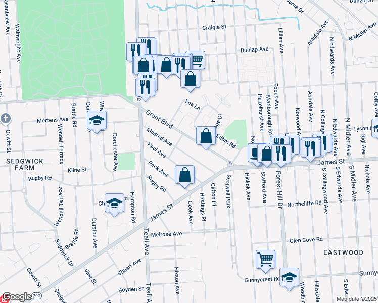 map of restaurants, bars, coffee shops, grocery stores, and more near 214 Mildred Ave in Syracuse