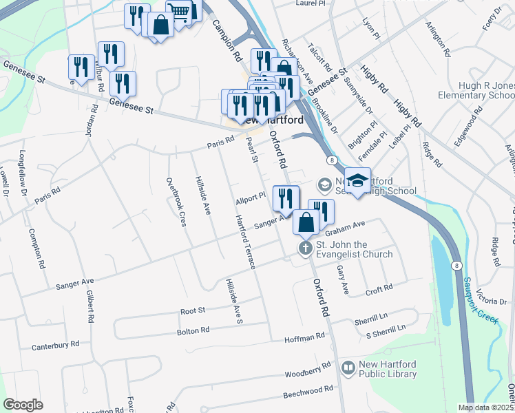 map of restaurants, bars, coffee shops, grocery stores, and more near 44 Pearl Street in New Hartford
