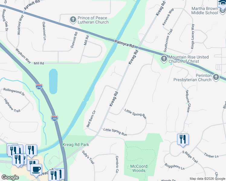 map of restaurants, bars, coffee shops, grocery stores, and more near 2 Red Barn Cir in Pittsford