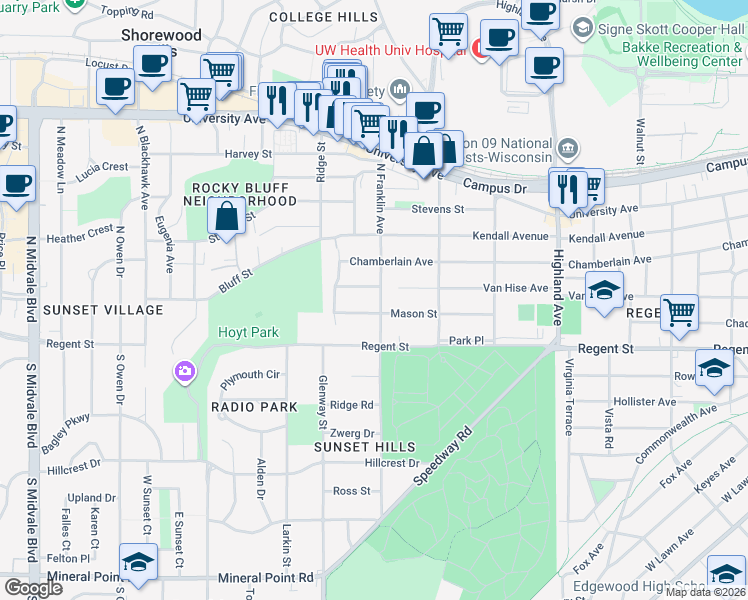 map of restaurants, bars, coffee shops, grocery stores, and more near 118 North Franklin Avenue in Madison