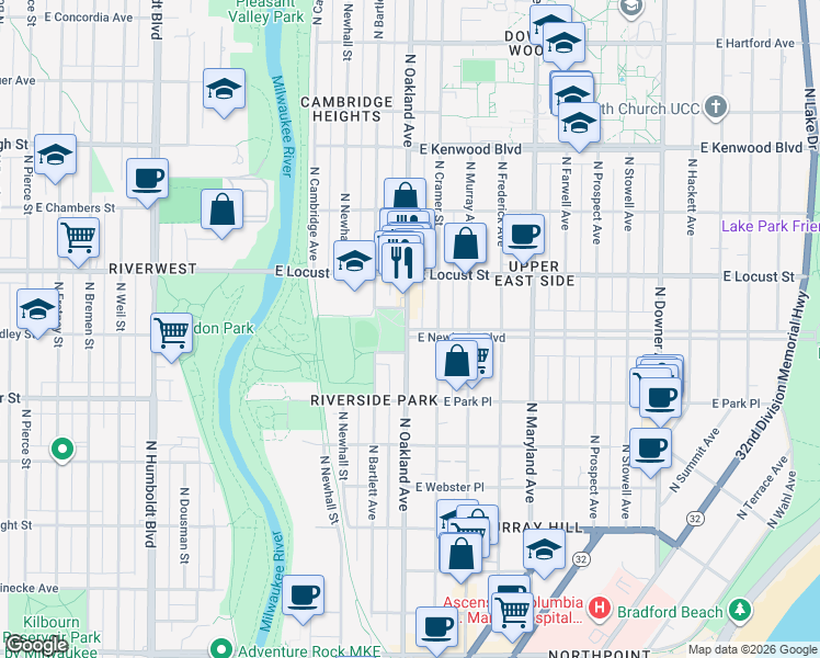 map of restaurants, bars, coffee shops, grocery stores, and more near 1804 E Newberry Blvd in Milwaukee
