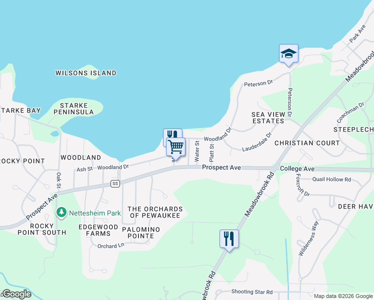 map of restaurants, bars, coffee shops, grocery stores, and more near W269N2759 Lelah Avenue in Pewaukee