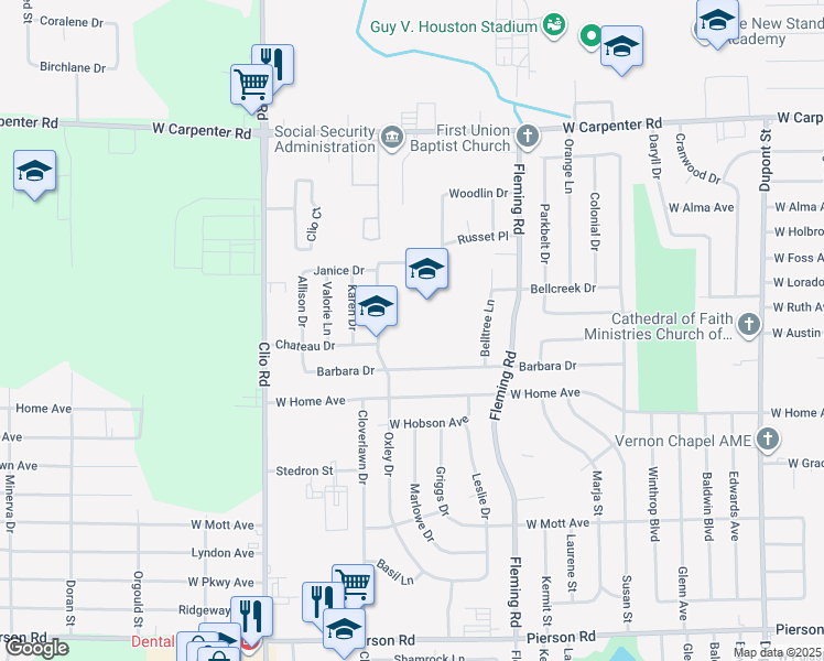 map of restaurants, bars, coffee shops, grocery stores, and more near 6302 Oxley Drive in Flint