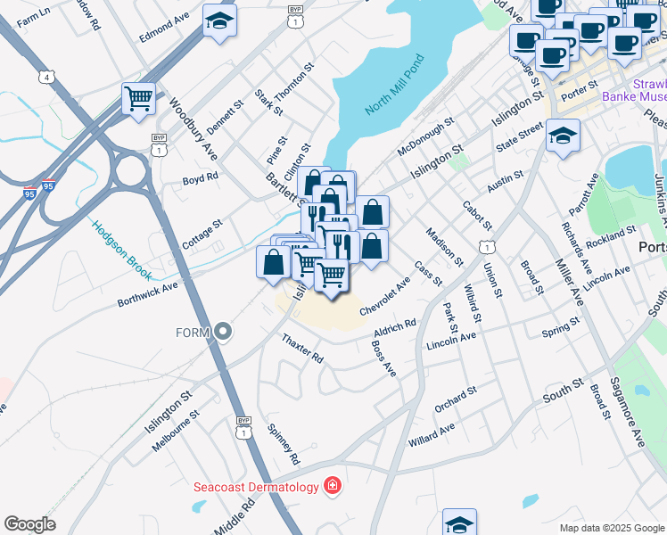 map of restaurants, bars, coffee shops, grocery stores, and more near 738 Islington Street in Portsmouth