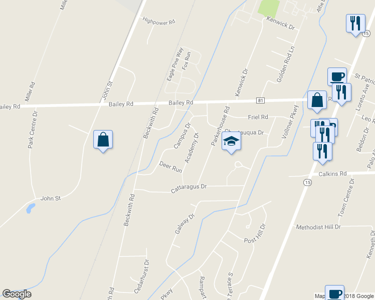 map of restaurants, bars, coffee shops, grocery stores, and more near 43 Academy Drive in Rochester