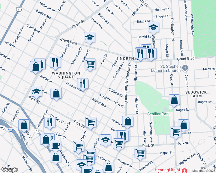 map of restaurants, bars, coffee shops, grocery stores, and more near 300 Griffiths Street in Syracuse