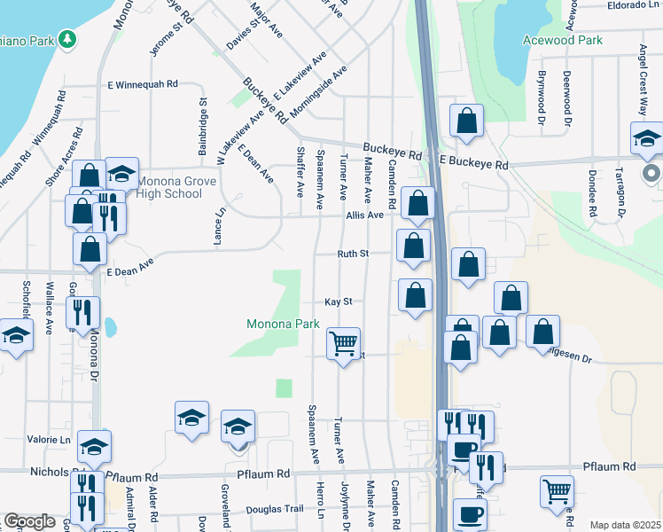 map of restaurants, bars, coffee shops, grocery stores, and more near 4904 Turner Ave in Madison