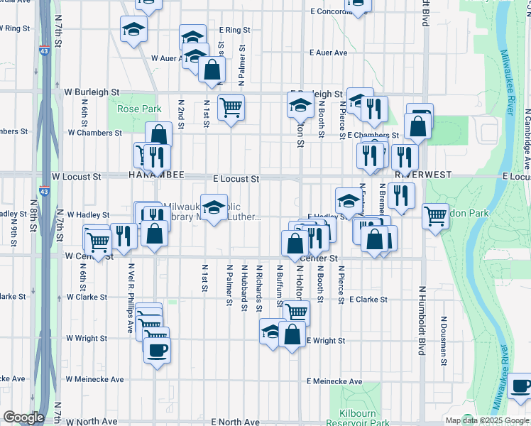 map of restaurants, bars, coffee shops, grocery stores, and more near 306 East Hadley Street in Milwaukee