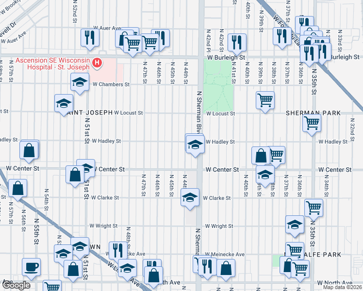 map of restaurants, bars, coffee shops, grocery stores, and more near 2771 North 44th Street in Milwaukee
