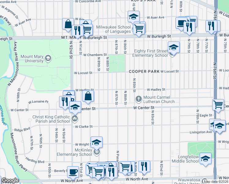 map of restaurants, bars, coffee shops, grocery stores, and more near 2773 North 87th Street in Milwaukee