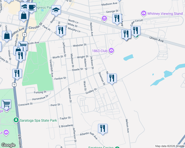 map of restaurants, bars, coffee shops, grocery stores, and more near 125 Jackson Street in Saratoga Springs
