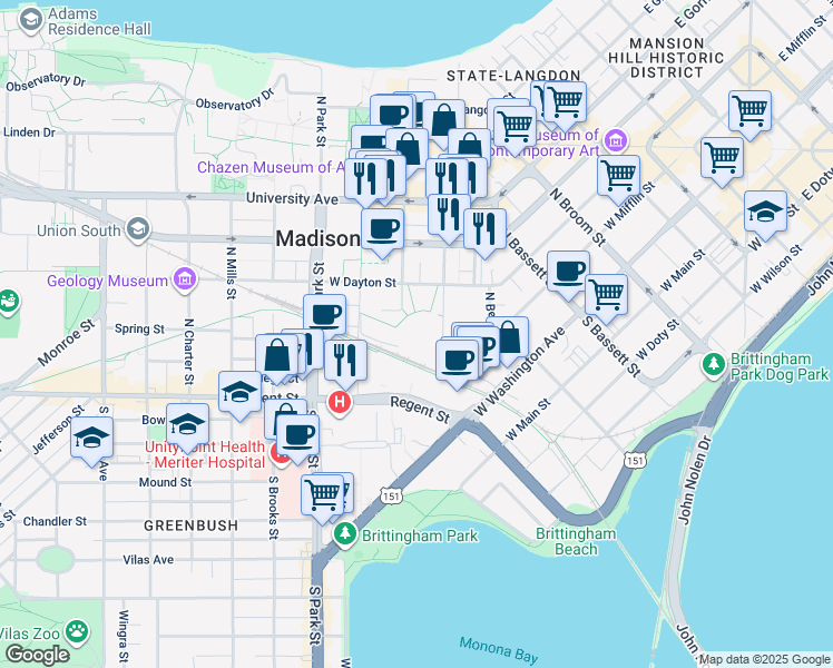 map of restaurants, bars, coffee shops, grocery stores, and more near 601 West Dayton Street in Madison