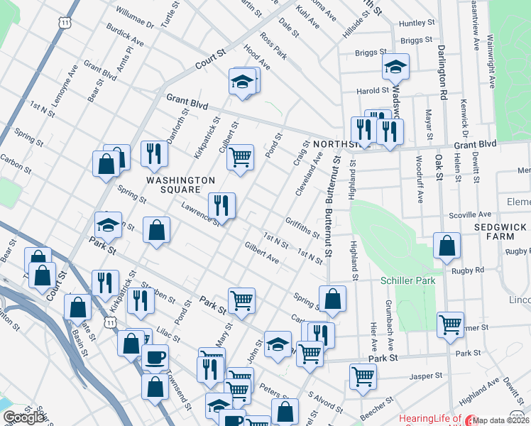 map of restaurants, bars, coffee shops, grocery stores, and more near 407 Griffiths Street in Syracuse