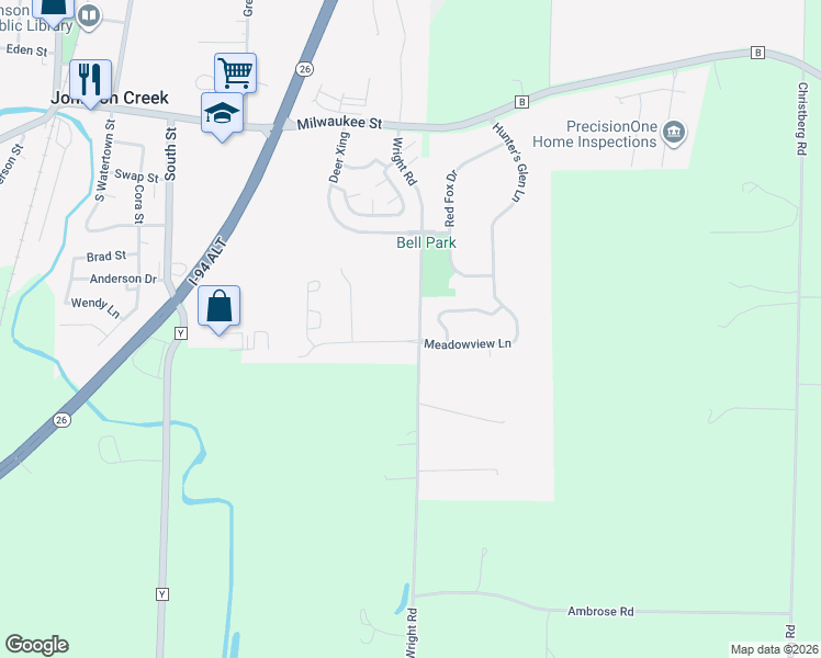 map of restaurants, bars, coffee shops, grocery stores, and more near 650 Meadowview Lane in Johnson Creek
