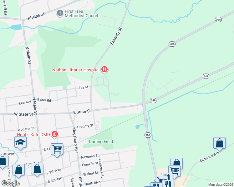 map of restaurants, bars, coffee shops, grocery stores, and more near 99 East State Street in Gloversville