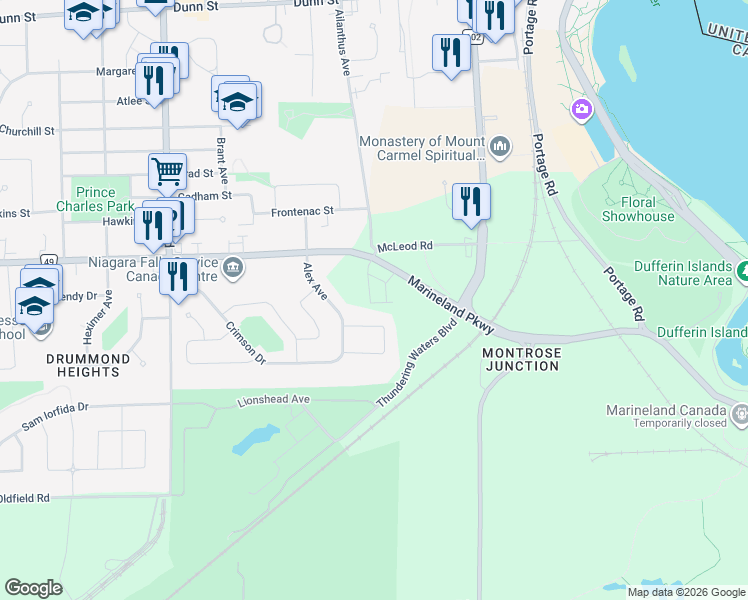 map of restaurants, bars, coffee shops, grocery stores, and more near in Niagara Falls