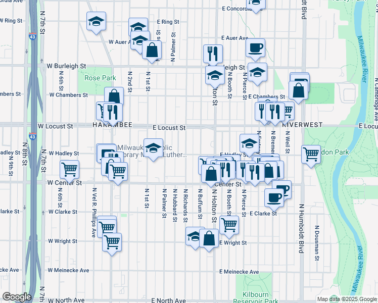 map of restaurants, bars, coffee shops, grocery stores, and more near 306 East Hadley Street in Milwaukee