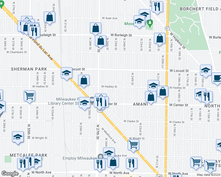 map of restaurants, bars, coffee shops, grocery stores, and more near 2773 North 25th Street in Milwaukee