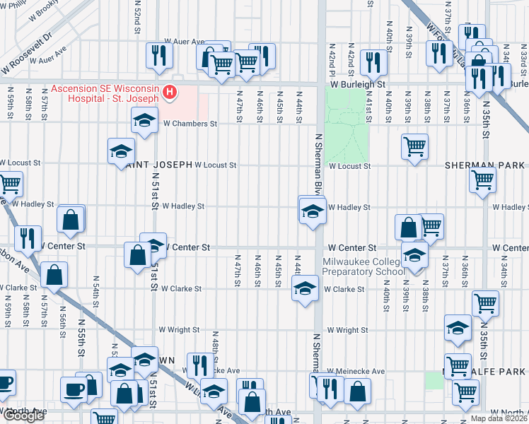 map of restaurants, bars, coffee shops, grocery stores, and more near 2771-2773 North 45th Street in Milwaukee