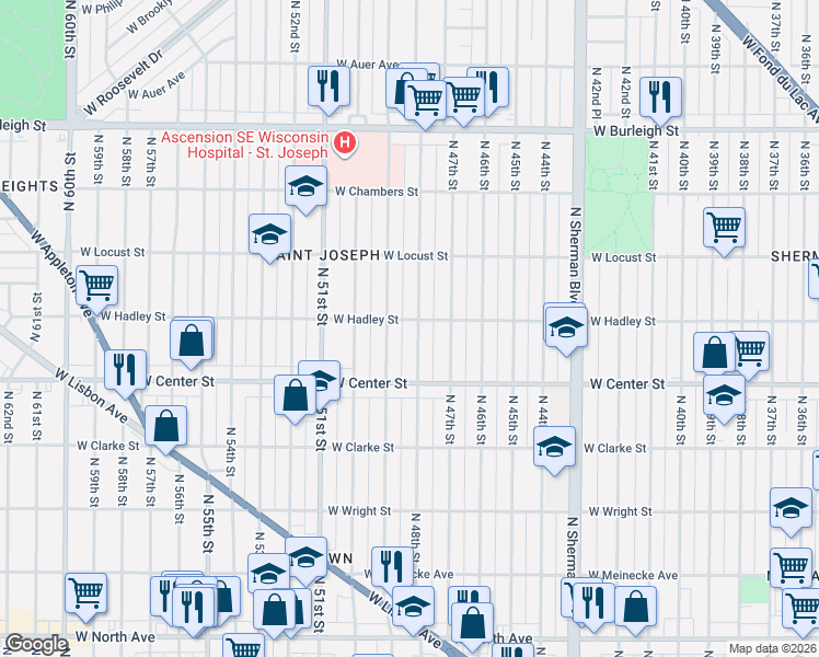 map of restaurants, bars, coffee shops, grocery stores, and more near 2772 North 48th Street in Milwaukee