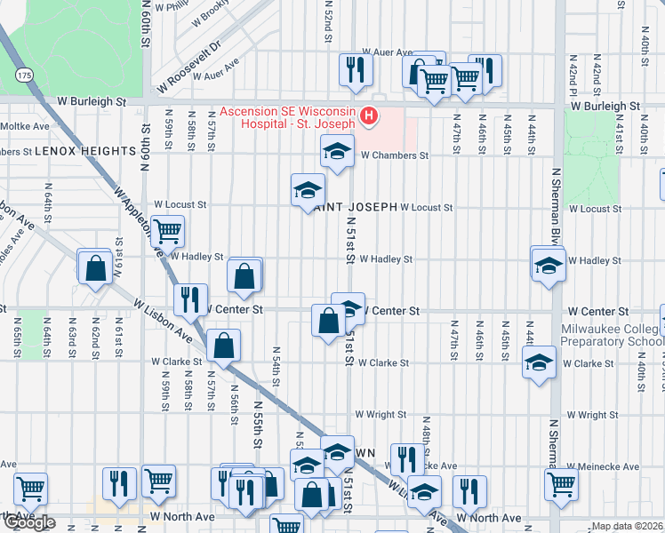 map of restaurants, bars, coffee shops, grocery stores, and more near 2763 North 51st Street in Milwaukee