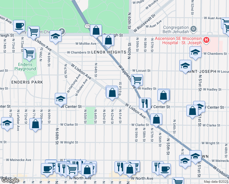 map of restaurants, bars, coffee shops, grocery stores, and more near 6200 West Lisbon Avenue in Milwaukee