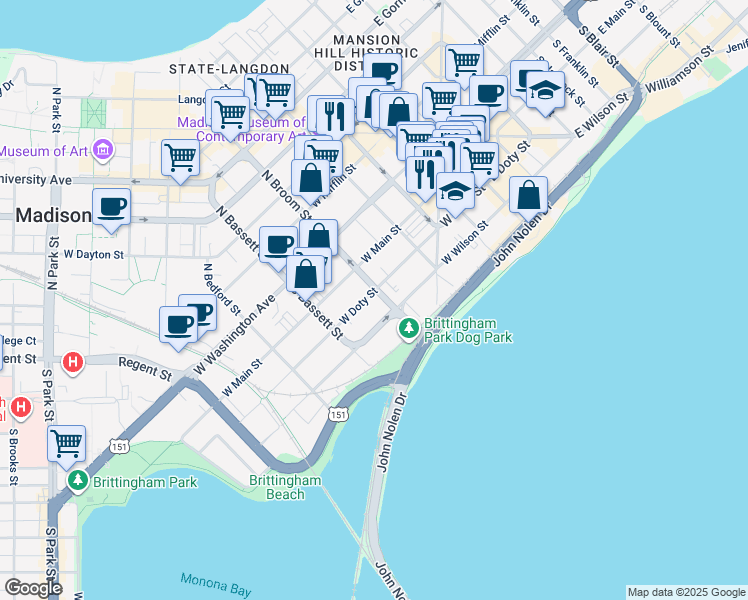 map of restaurants, bars, coffee shops, grocery stores, and more near 215 South Broom Street in Madison