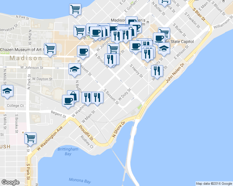 map of restaurants, bars, coffee shops, grocery stores, and more near 426 West Doty Street in Madison