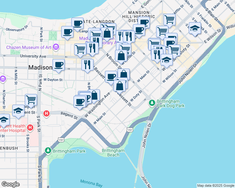 map of restaurants, bars, coffee shops, grocery stores, and more near 41 South Bassett Street in Madison