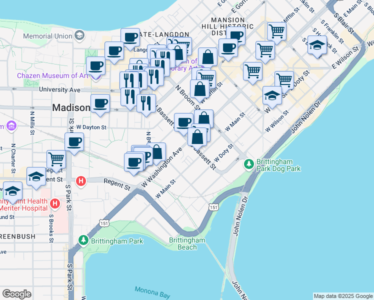 map of restaurants, bars, coffee shops, grocery stores, and more near in Madison