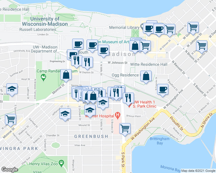 map of restaurants, bars, coffee shops, grocery stores, and more near 1 Gerry Court in Madison
