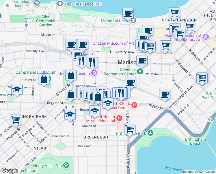 map of restaurants, bars, coffee shops, grocery stores, and more near 1111 Spring Street in Madison