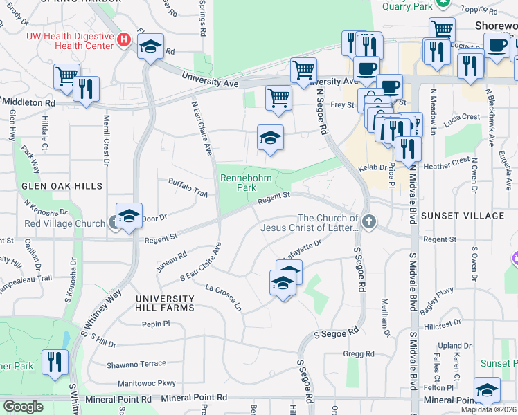 map of restaurants, bars, coffee shops, grocery stores, and more near 4901 Regent Street in Madison