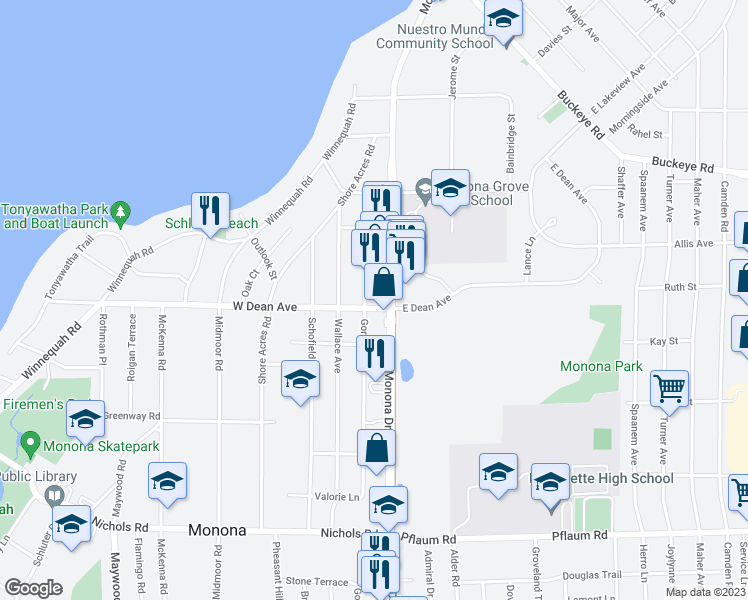map of restaurants, bars, coffee shops, grocery stores, and more near 4613 Monona Drive in Monona