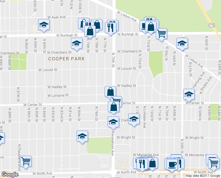 map of restaurants, bars, coffee shops, grocery stores, and more near 2767 North 76th Street in Milwaukee