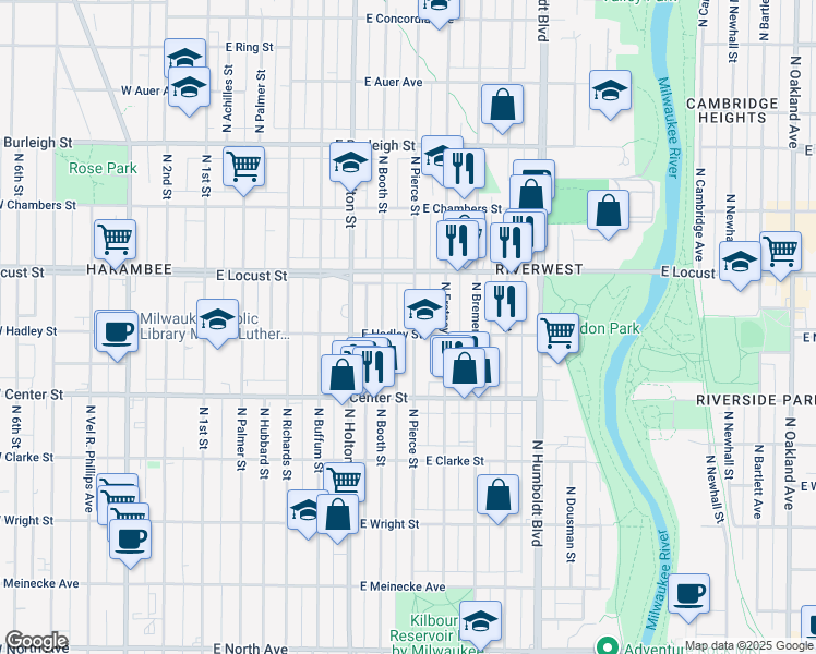 map of restaurants, bars, coffee shops, grocery stores, and more near 2807 North Pierce Street in Milwaukee