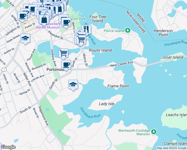 map of restaurants, bars, coffee shops, grocery stores, and more near 48 Ball Street in Portsmouth
