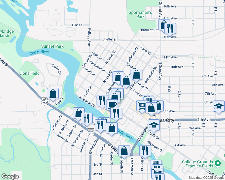 map of restaurants, bars, coffee shops, grocery stores, and more near 504 Blunt St in Charles City